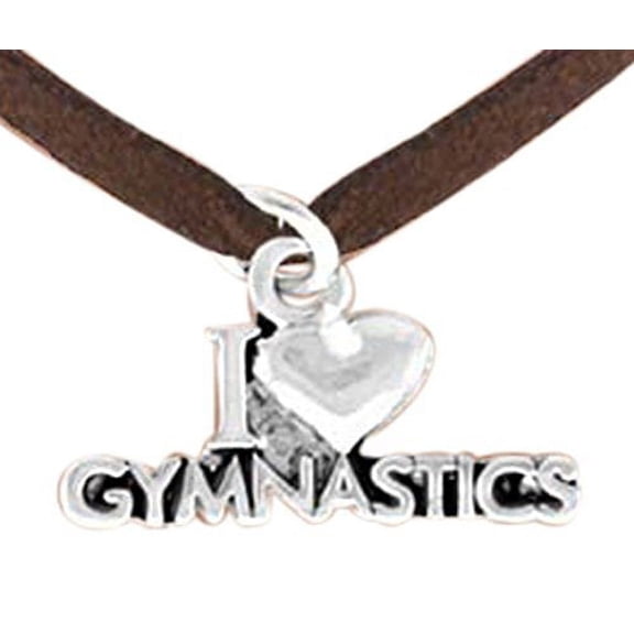 Gymnastics, I Love Gymnastics Genuine Brown Suede Necklace, Adjustable, Hypoallergenic, No Nickel, Lead, Or Cadmium In The Metal