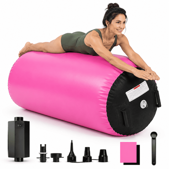 Gymnastics Inflatable Air Roller with Pump, Carbon Fiber+Pink, 4'L x 2.5'D