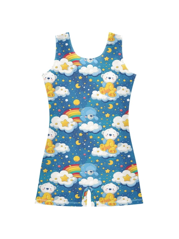 Gymnastics Leotard Sleeveless Bears Face Moon Stars White Cloud Bright Colorsbright Stretchy Dance Bodysuit Breathable Athletic Ballet Yoga Outfit for Ages 3-14