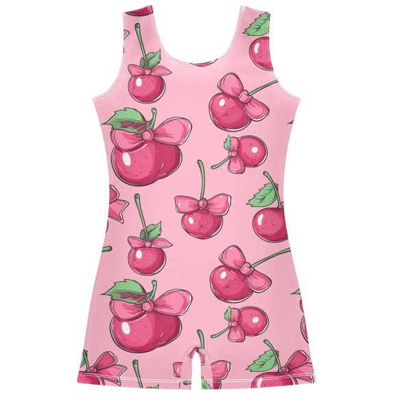 Gymnastics Leotard Sleeveless Bow Cherry Stretchy Dance Bodysuit Breathable Athletic Ballet Yoga Outfit for Ages 3-14