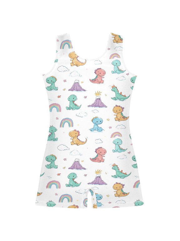 Gymnastics Leotard Sleeveless Cartoon Dinosaur Rainbow Cloud Stretchy Dance Bodysuit Breathable Athletic Ballet Yoga Outfit for Ages 3-14