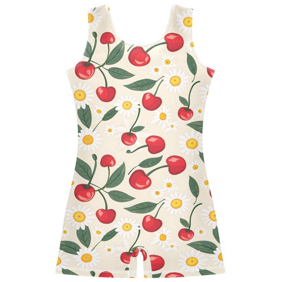 Gymnastics Leotard Sleeveless Cherries Summer Daisies Stretchy Dance Bodysuit Breathable Athletic Ballet Yoga Outfit for Ages 3-14