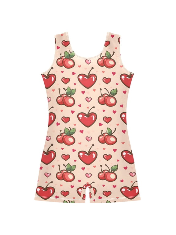 Gymnastics Leotard Sleeveless Cherry Heart Stretchy Dance Bodysuit Breathable Athletic Ballet Yoga Outfit for Ages 3-14