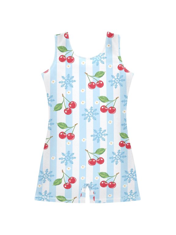 Gymnastics Leotard Sleeveless Cherry Snowflake Stripe Stretchy Dance Bodysuit Breathable Athletic Ballet Yoga Outfit for Ages 3-14