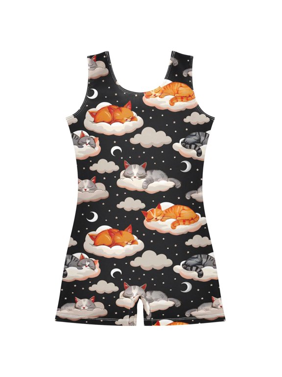 Gymnastics Leotard Sleeveless Cute Cats Sleeping Stretchy Dance Bodysuit Breathable Athletic Ballet Yoga Outfit for Ages 3-14
