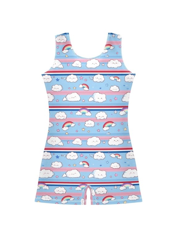 Gymnastics Leotard Sleeveless Cute Clouds and Rainbows Stretchy Dance Bodysuit Breathable Athletic Ballet Yoga Outfit for Ages 3-14