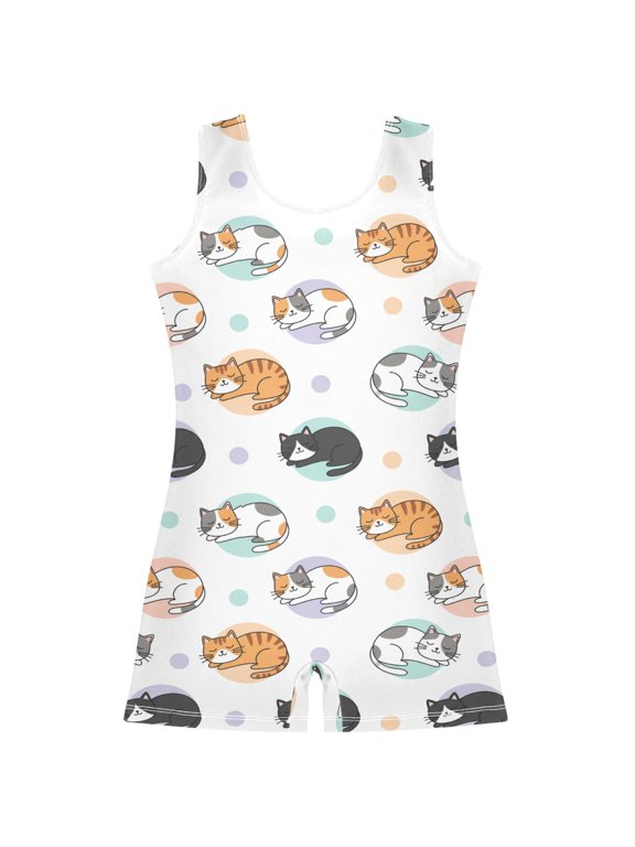 Gymnastics Leotard Sleeveless Cute Colorful Cat Sleeping Stretchy Dance Bodysuit Breathable Athletic Ballet Yoga Outfit for Ages 3-14