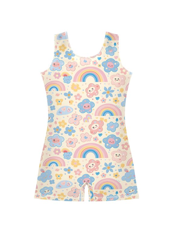 Gymnastics Leotard Sleeveless Cute Kawaii Flowers Rainbows Stretchy Dance Bodysuit Breathable Athletic Ballet Yoga Outfit for Ages 3-14