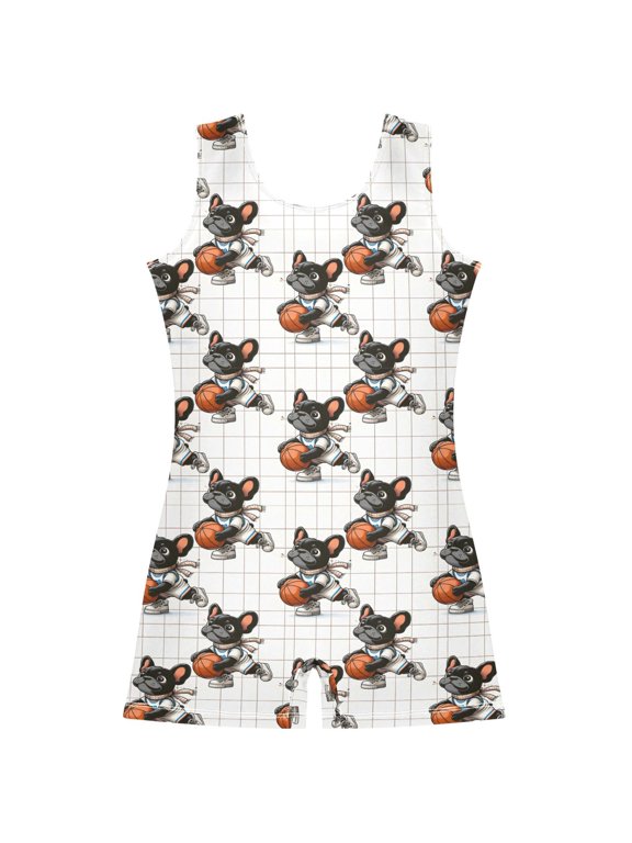 Gymnastics Leotard Sleeveless Dog French Bulldog Basketball Vector Pet Ball Toy Sport Puppy Breed Cartoon Scarf I Stretchy Dance Bodysuit Breathable Athletic Ballet Yoga Outfit for Ages 3-14