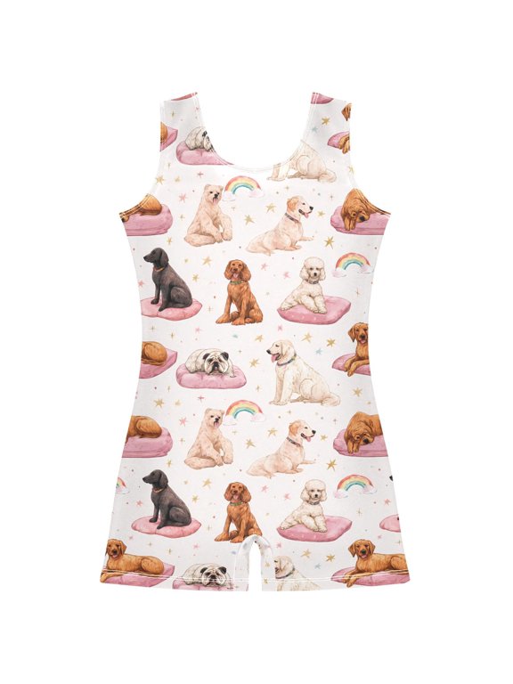Gymnastics Leotard Sleeveless Dog Rainbow Stars Stretchy Dance Bodysuit Breathable Athletic Ballet Yoga Outfit for Ages 3-14