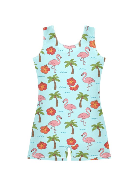 Gymnastics Leotard Sleeveless Flamingo Coconut Tree Stretchy Dance Bodysuit Breathable Athletic Ballet Yoga Outfit for Ages 3-14