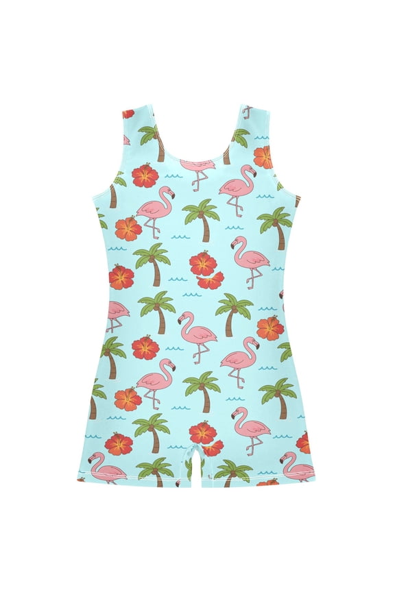 Gymnastics Leotard Sleeveless Flamingo Coconut Tree Stretchy Dance Bodysuit Breathable Athletic Ballet Yoga Outfit for Ages 3-14