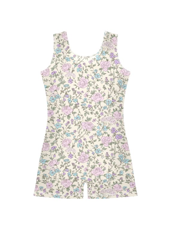 Gymnastics Leotard Sleeveless Floral Pattern Stretchy Dance Bodysuit Breathable Athletic Ballet Yoga Outfit for Ages 3-14