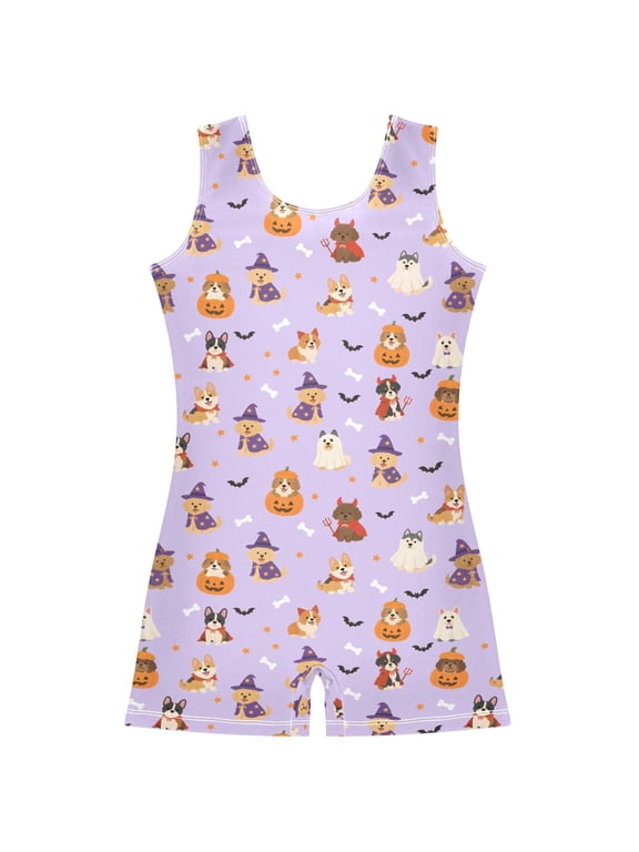 Gymnastics Leotard Sleeveless Halloween Dog Pumpkin Stretchy Dance Bodysuit Breathable Athletic Ballet Yoga Outfit for Ages 3-14