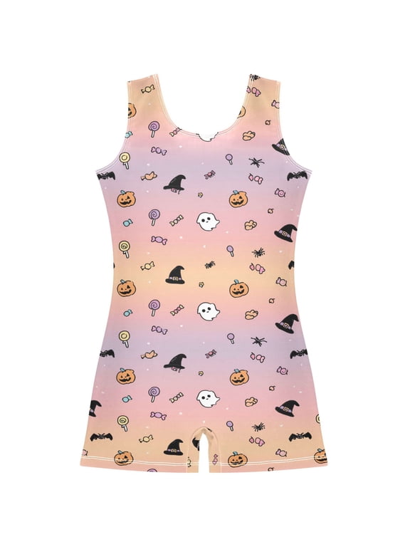 Gymnastics Leotard Sleeveless Halloween Themed Patterns Stretchy Dance Bodysuit Breathable Athletic Ballet Yoga Outfit for Ages 3-14