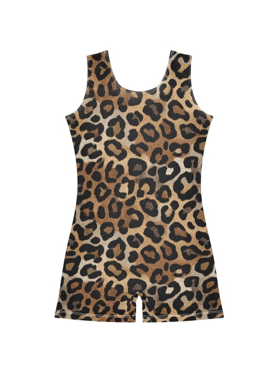 Gymnastics Leotard Sleeveless Leopard Brown and Black Stretchy Dance Bodysuit Breathable Athletic Ballet Yoga Outfit for Ages 3-14