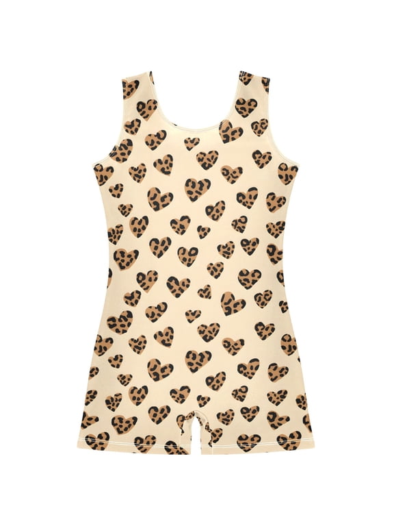 Gymnastics Leotard Sleeveless Leopard Print Heart Stretchy Dance Bodysuit Breathable Athletic Ballet Yoga Outfit for Ages 3-14