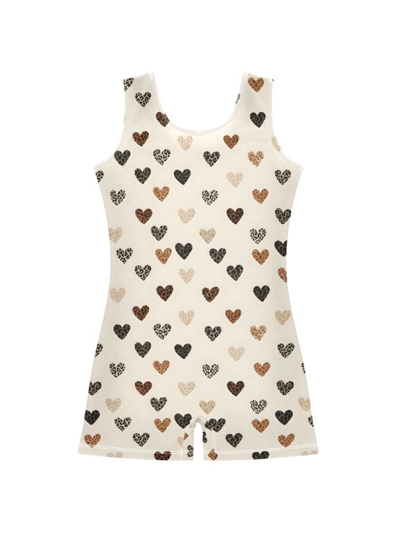 Gymnastics Leotard Sleeveless Leopard Print Heart Stretchy Dance Bodysuit Breathable Athletic Ballet Yoga Outfit for Ages 3-14