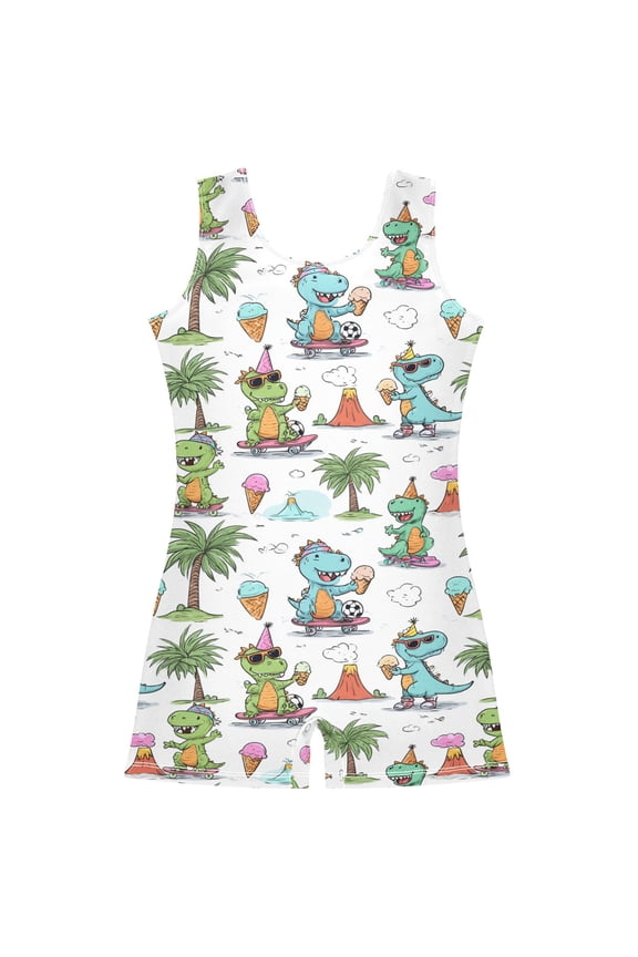 Gymnastics Leotard Sleeveless Naughty Dinosaur Stretchy Dance Bodysuit Breathable Athletic Ballet Yoga Outfit for Ages 3-14