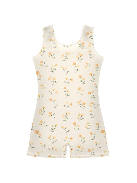 Gymnastics Leotard Sleeveless Orange Floral Stretchy Dance Bodysuit Breathable Athletic Ballet Yoga Outfit for Ages 3-14