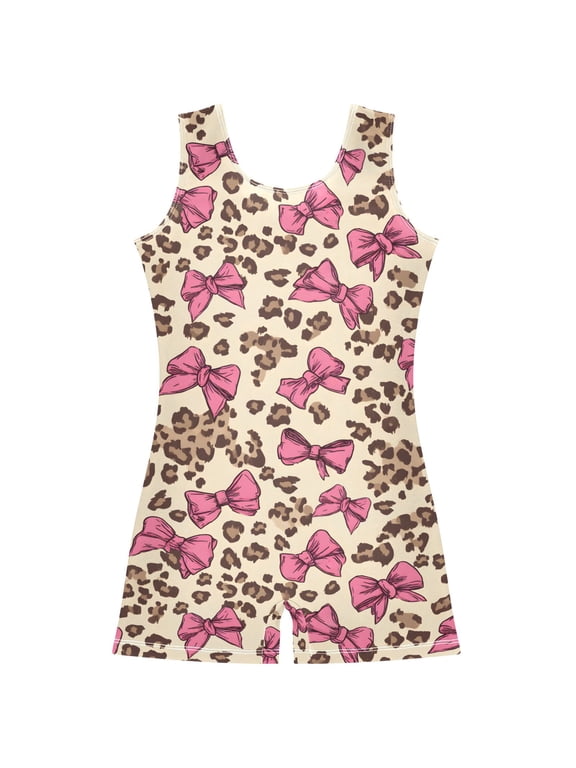 Gymnastics Leotard Sleeveless Pink Bow Leopard Print Stretchy Dance Bodysuit Breathable Athletic Ballet Yoga Outfit for Ages 3-14