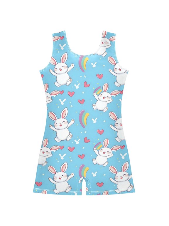Gymnastics Leotard Sleeveless Rabbit Rainbow Stretchy Dance Bodysuit Breathable Athletic Ballet Yoga Outfit for Ages 3-14