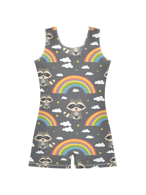 Gymnastics Leotard Sleeveless Raccoon Rainbow Stretchy Dance Bodysuit Breathable Athletic Ballet Yoga Outfit for Ages 3-14