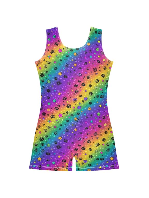 Gymnastics Leotard Sleeveless Rainbow Paw Print Stars Stretchy Dance Bodysuit Breathable Athletic Ballet Yoga Outfit for Ages 3-14