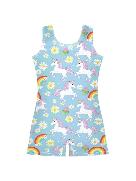 Gymnastics Leotard Sleeveless Rainbow White Unicorn Flower Stretchy Dance Bodysuit Breathable Athletic Ballet Yoga Outfit for Ages 3-14