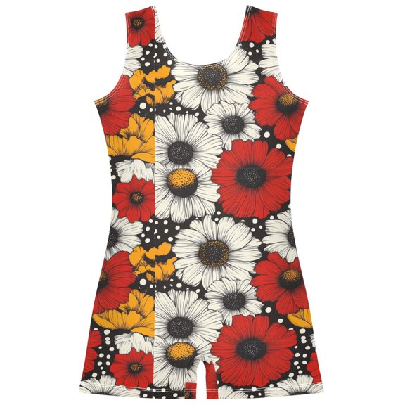 Gymnastics Leotard Sleeveless Red Yellow and White Daisies Stretchy Dance Bodysuit Breathable Athletic Ballet Yoga Outfit for Ages 3-14