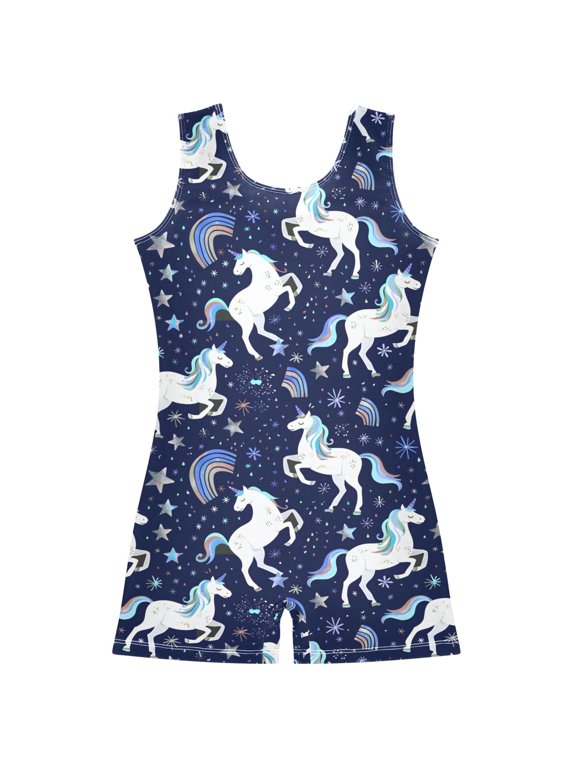 Gymnastics Leotard Sleeveless Repeating White Unicorns Rainbows Stretchy Dance Bodysuit Breathable Athletic Ballet Yoga Outfit for Ages 3-14