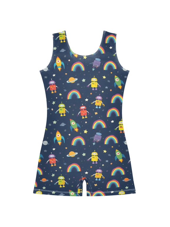 Gymnastics Leotard Sleeveless Robots Rockets Stars Planets Rainbows Stretchy Dance Bodysuit Breathable Athletic Ballet Yoga Outfit for Ages 3-14
