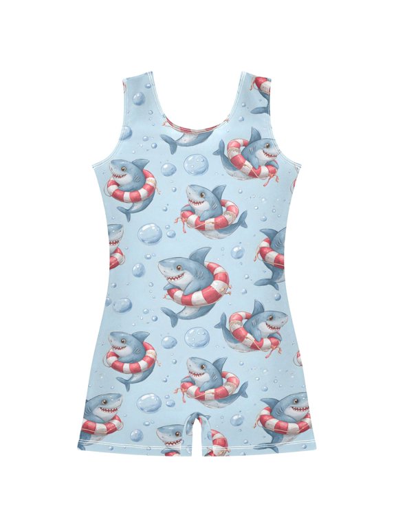 Gymnastics Leotard Sleeveless Shark Swim Ring Stretchy Dance Bodysuit Breathable Athletic Ballet Yoga Outfit for Ages 3-14