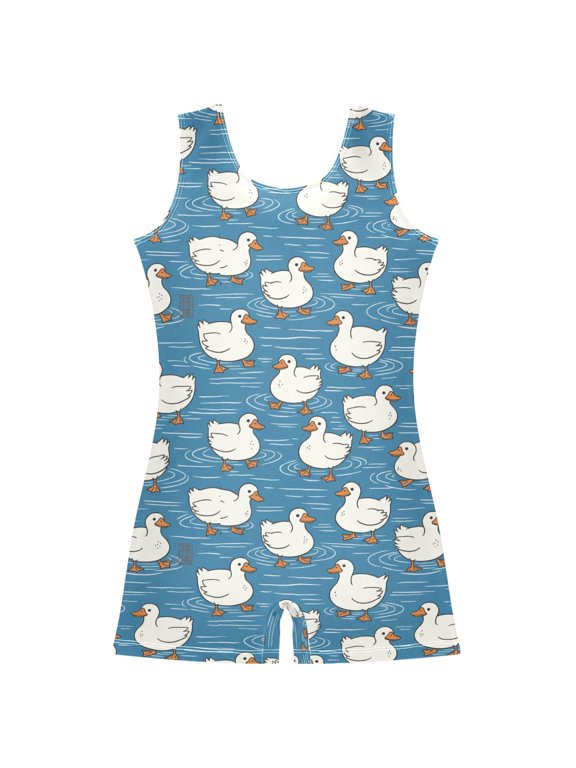 Gymnastics Leotard Sleeveless Swimming Birds White Goose Blue Stretchy Dance Bodysuit Breathable Athletic Ballet Yoga Outfit for Ages 3-14