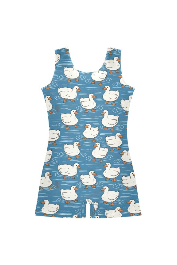 Gymnastics Leotard Sleeveless Swimming Birds White Goose Blue Stretchy Dance Bodysuit Breathable Athletic Ballet Yoga Outfit for Ages 3-14