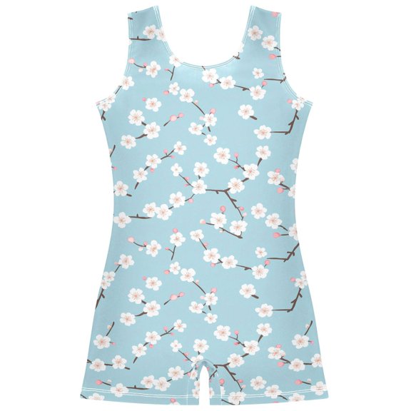 Gymnastics Leotard Sleeveless White Cherry Blossom Stretchy Dance Bodysuit Breathable Athletic Ballet Yoga Outfit for Ages 3-14