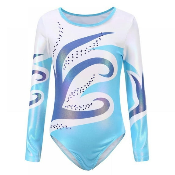 Gymnastics Leotard for Children Girls Long Sleeve Sequin Mesh Athletic Dancewear, Blue 11-12Y