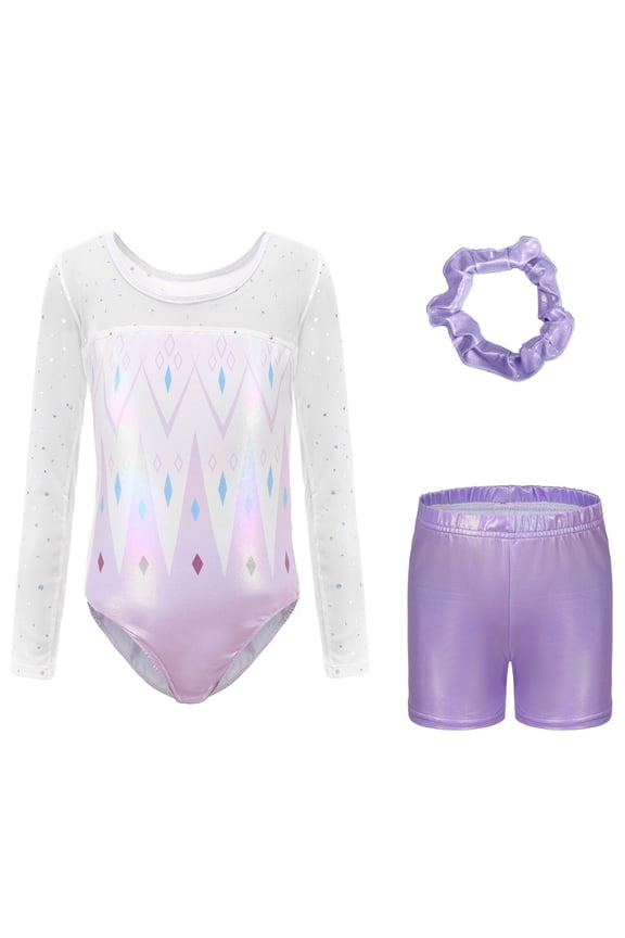 Gymnastics Leotards For Girls Sparkly Long Sleeve Dance Unitards Biketards Gym Shorts Purple 7 Y-7 Y