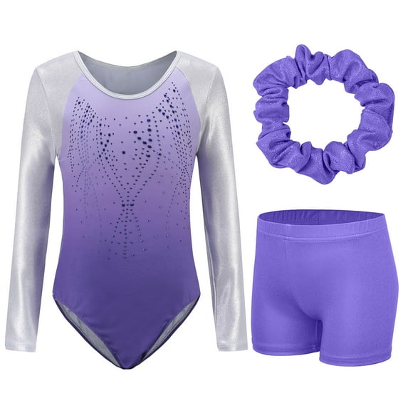 Gymnastics Leotards for Girls Kids Sparkly Tumbling Long Sleeve Dance Unitards Biketards with Matching Shorts One Piece Biketards Athletic Dancewear Clothes 5-12 Years