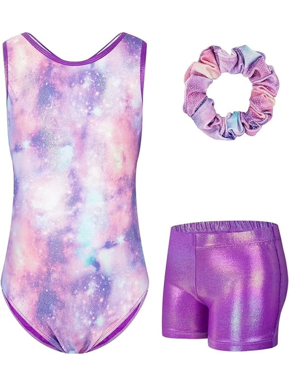 Gymnastics Leotards For Girls Sparkle Hollow Back Sleeveless Gymnastics Outfits With Shorts And Hair Scrunchie For Dance Ballet