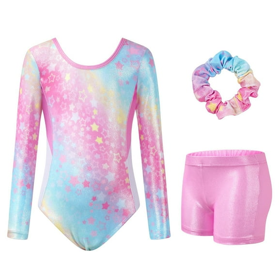 Gymnastics Leotards for Girls Cross Back,Long Sleeve Sparkly Dance Biketards with Shorts Ballet Outfit for 3-12 Years