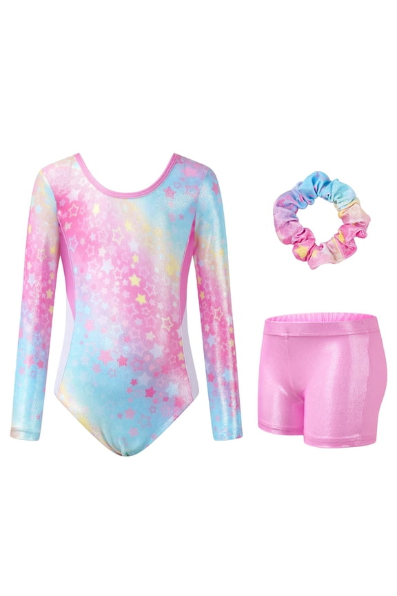 Gymnastics Leotards for Girls Cross Back,Long Sleeve Sparkly Dance Biketards with Shorts Ballet Outfit for 3-12 Years