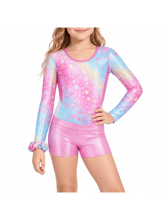 Gymnastics Leotards for Girls Cross Back,Long Sleeve Sparkly Dance Ballet Outfit with Shorts for 5-10 Years