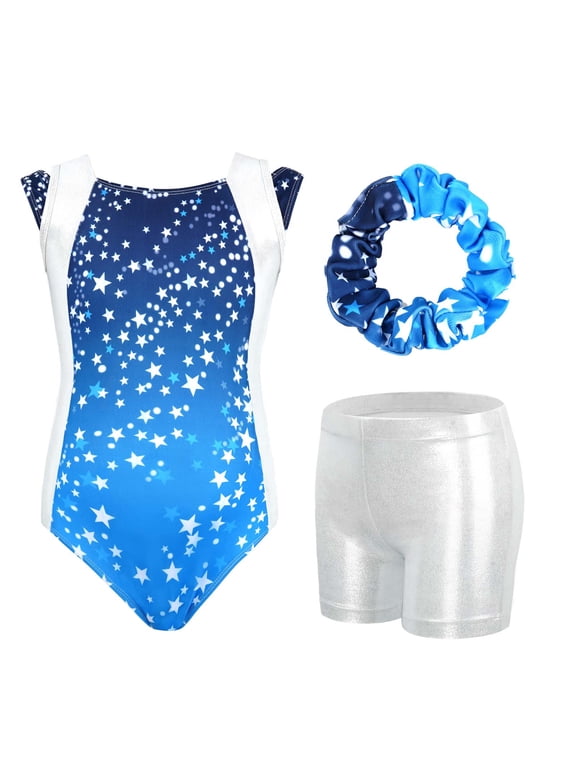 Girls Leotards for Gymnastics, Kids Glitter Stars Dance Unitards Toddler Dance Outfits with Shorts, Matching Hair Scrunchie