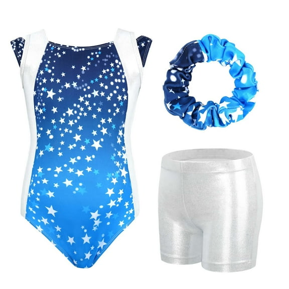 Gymnastics Leotards for Girls, Kids Glitter Stars Dance Unitards Biketards with Shorts, Matching Hair Scrunchie