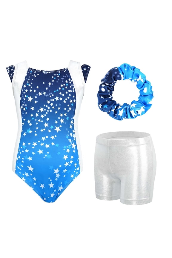 Gymnastics Leotards for Girls, Kids Glitter Stars Dance Unitards Biketards with Shorts, Matching Hair Scrunchie