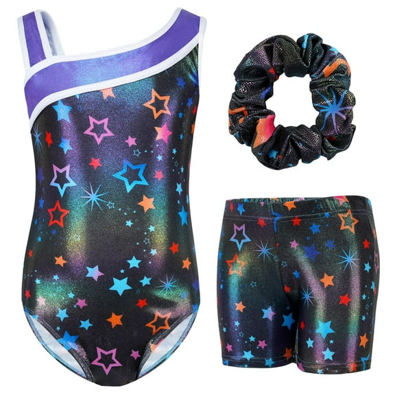 Gymnastics Leotards for Girls,Kids Glitter Stars Dance Unitards Biketards with Shorts,Y-Neck