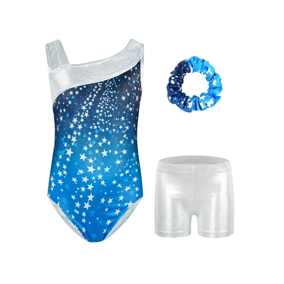 Gymnastics Leotards for Girls,Kids Glitter Stars Dance Unitards Biketards with Shorts,Y-Neck