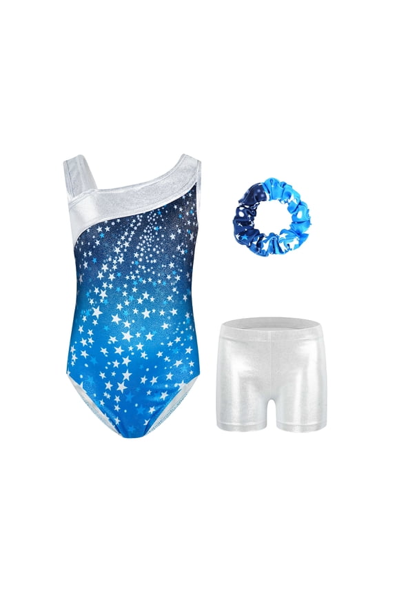 Gymnastics Leotards for Girls,Kids Glitter Stars Dance Unitards Biketards with Shorts,Y-Neck