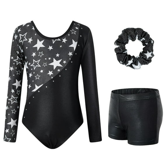 Gymnastics Leotards for Girls,Long Sleeve Rhinestone Kids Dance Unitards Biketards with Tumbling Dance Shorts